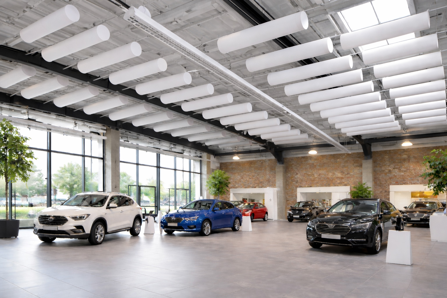 Autohaus mit Akustikzylindern aus Basotect® – Flexible Schallabsorption für Showrooms