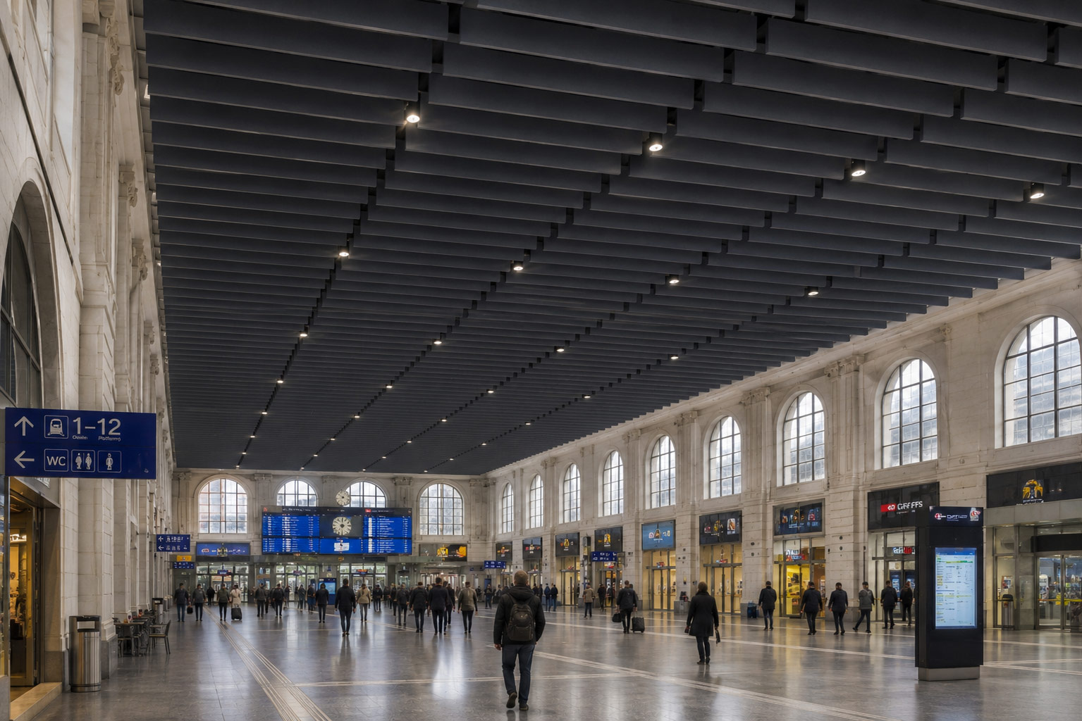 Bahnhofshalle mit PET-Baffeln – Akustiklösung für Verkehrsbauten und öffentliche Gebäude