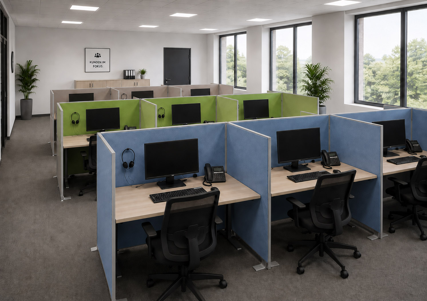 Akustisch wirksame Stelltrennwand für Büro & Callcenter | Flexible Schallschutzlösung
