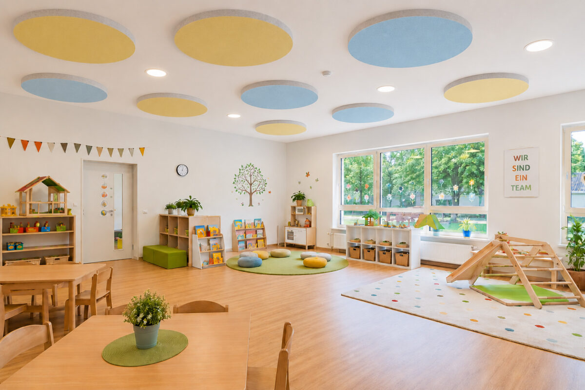 Runde PET-Deckensegel in Sonderfarben – Akustiklösung für Kindergärten und Bildungseinrichtungen