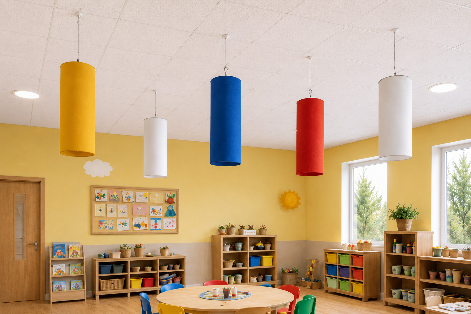 Akustikzylinder aus Basotect® für Kindergärten und Schulen – Farbige Schallabsorber mit wechselbarem Stoffbezug