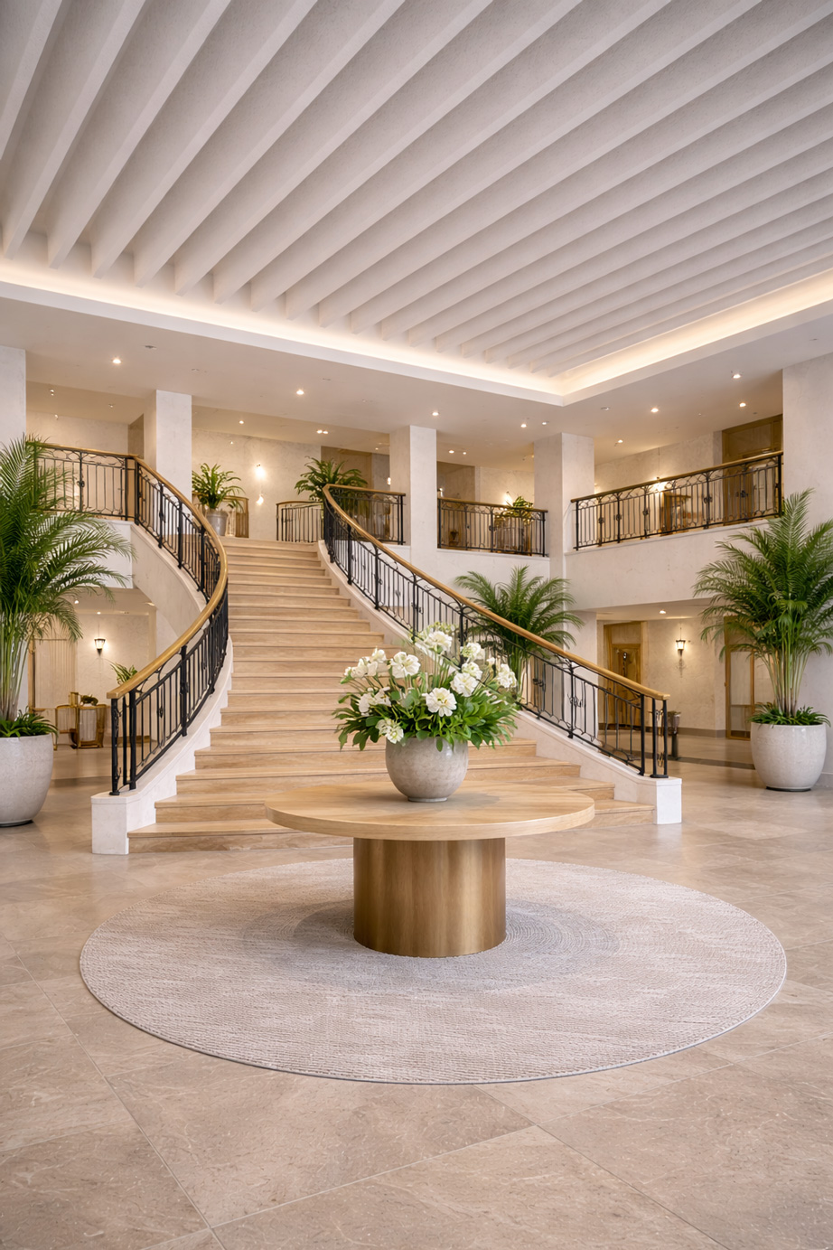 Elegante Lobby mit PET-Baffeln – Akustiklösung für Hotels, Empfangsbereiche und Foyers