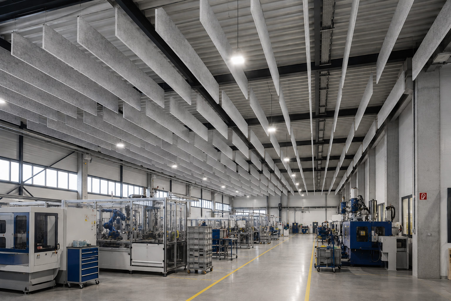 Produktionshalle mit PET-Baffeln – Akustiklösung für Industrie und Fertigung