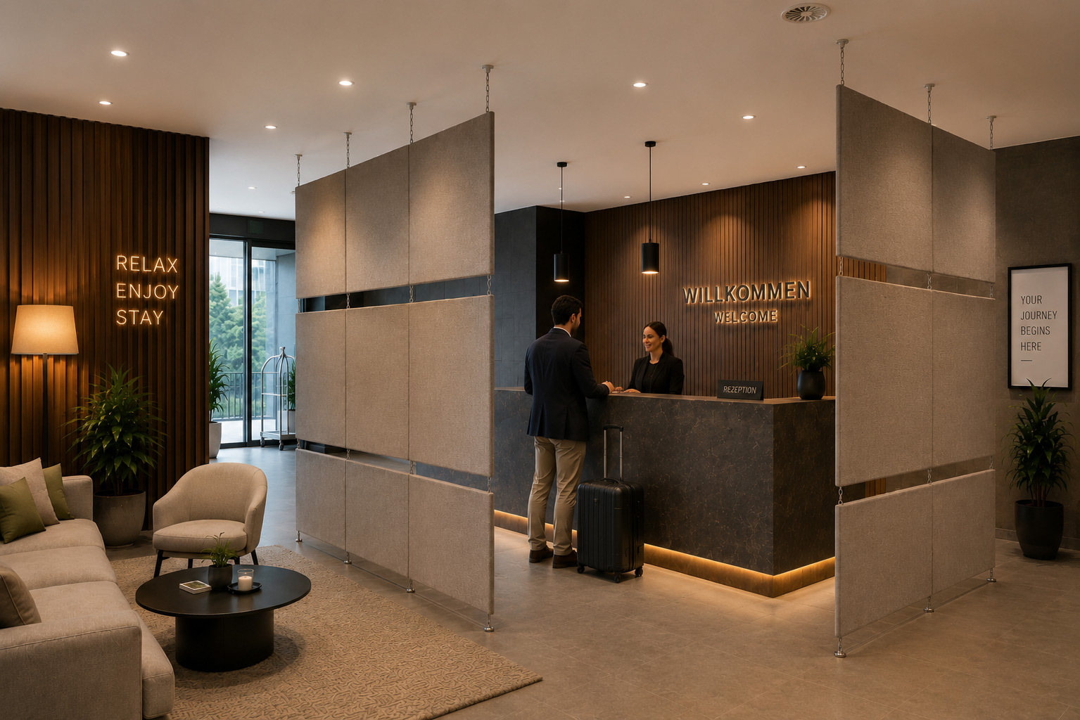 Raumteiler CLASSIC mit Stoffbezug – Akustische Zonierung für Hotellobbys und Empfangsbereiche