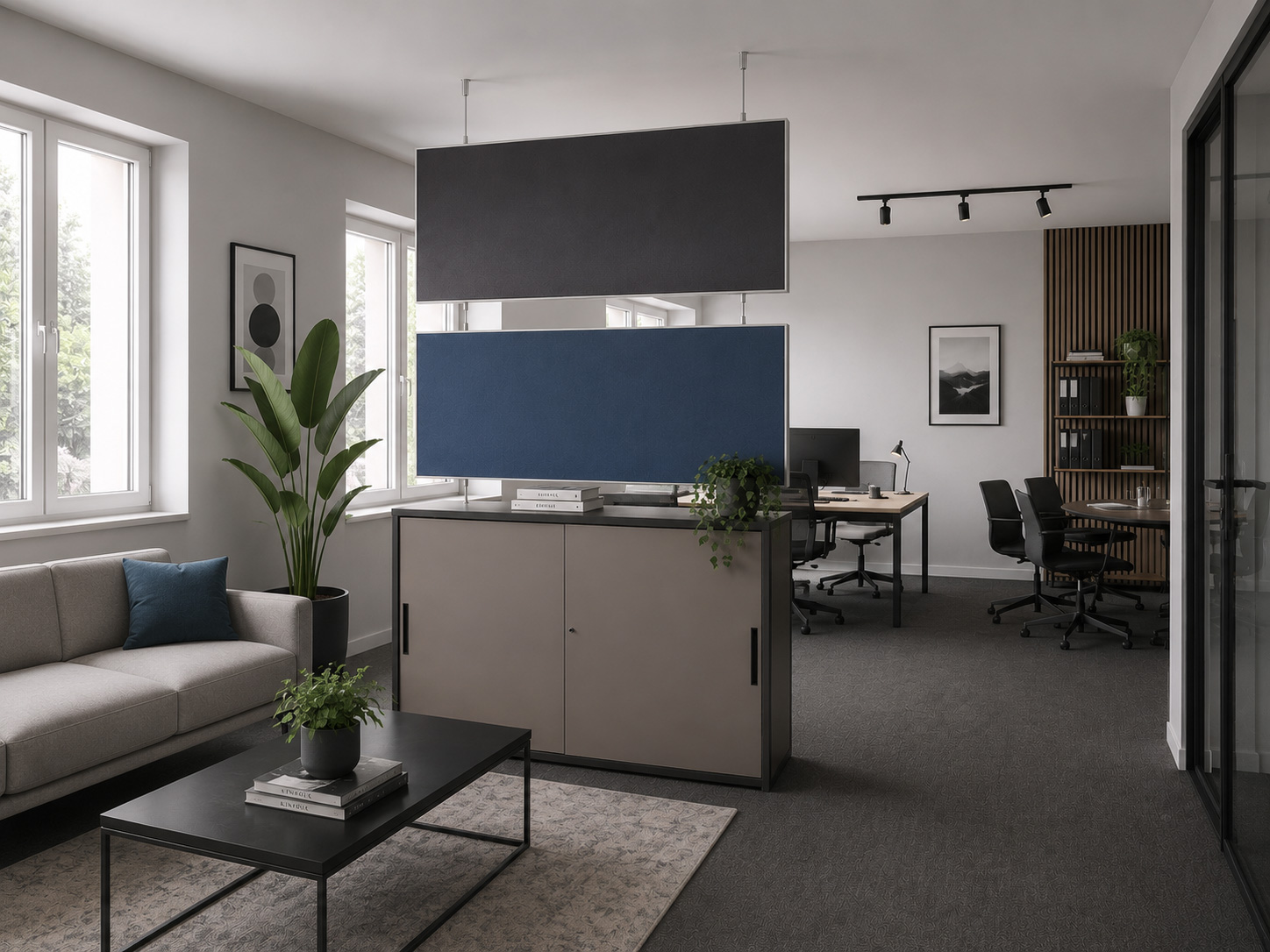 Raumteiler PREMIUM im Büro – Akustischer Sichtschutz mit modernem Design