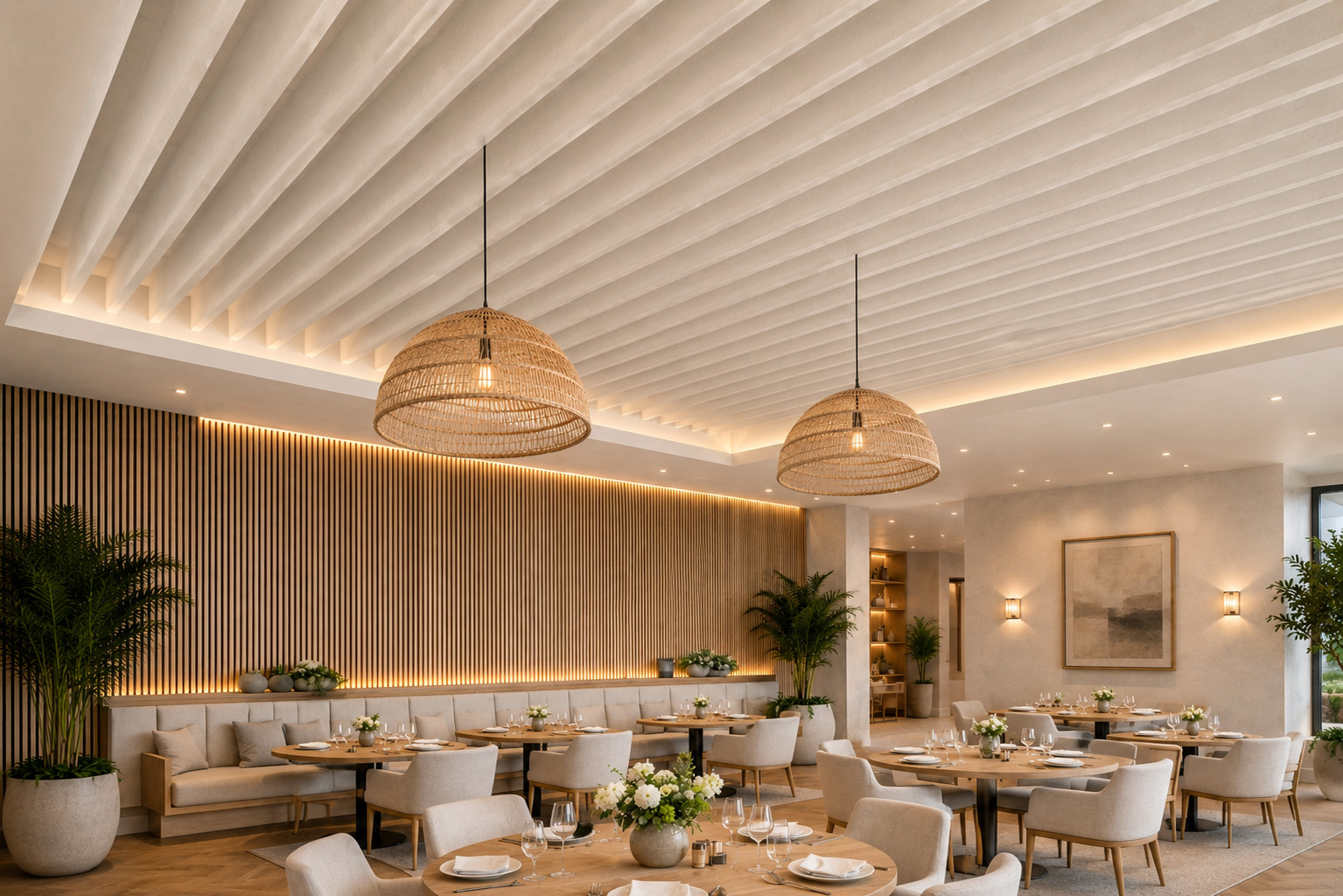 PET-Baffeldecke im Restaurant – Elegante Akustiklösung für Gastronomie und Hotellerie