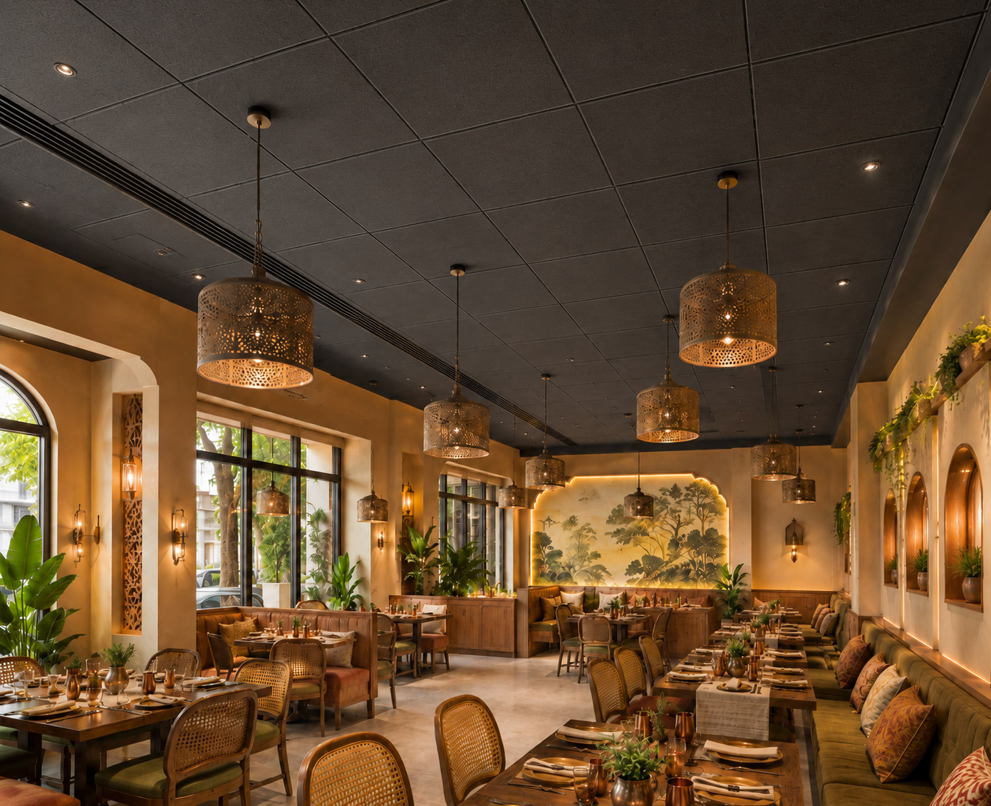 Plattenabsorber PREMIUM Dark – Elegante Akustikdecke für Restaurants und Gastronomie