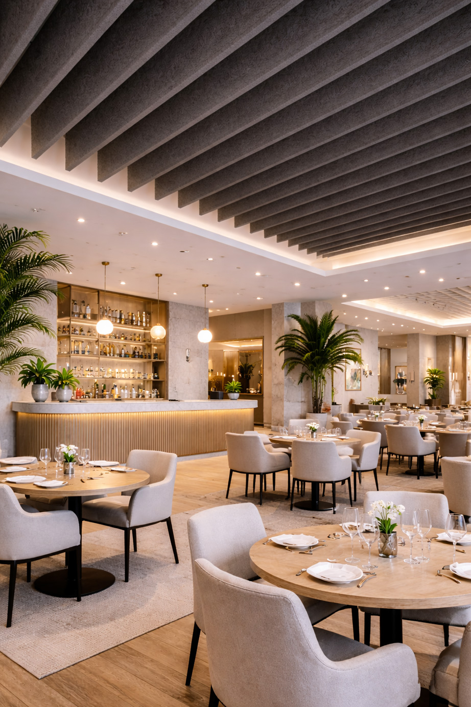 Restaurant mit PET-Baffel dunkelgrau – Akustiklösung für Gastronomie und Hotellerie