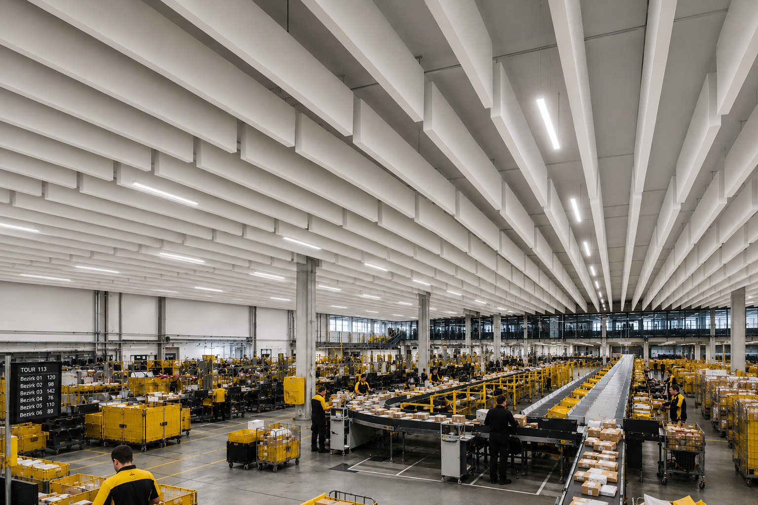 Verteilerzentrum mit Baffel Premium – Akustiklösung für Logistik- und Produktionshallen