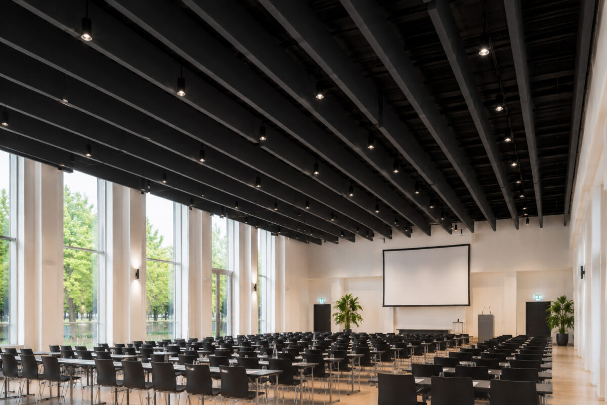 PET-Baffeldecke Schwarz – Akustiklösung für Konferenzzentren, Veranstaltungsräume und Auditorien