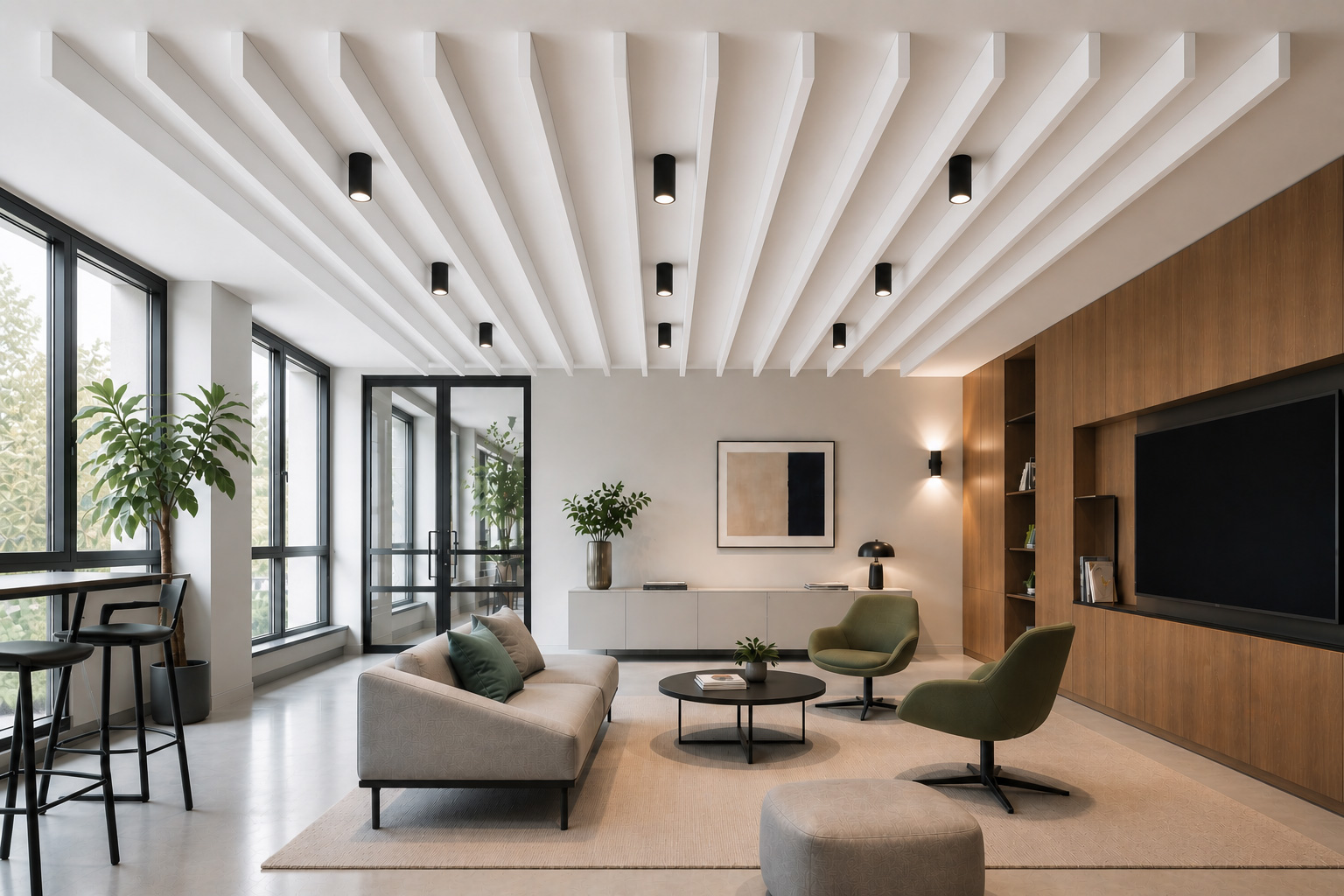 Wartebereich mit Baffel-Decke – Elegante Akustiklösung für Empfangs- und Aufenthaltsbereiche